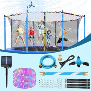 Lyromix Trampoline Accessories Kit, Trampoline Sprinkler, 50FT Solar Trampoline Lights and Trampoline Stakes, Non-Damaging to Net, Features 8 Light Modes, Compatible with 8 10 12 14 15 16FT Trampoline