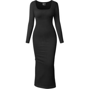 OQQ Women's Long Sleeve Maxi Dress Square Neck Ribbed Bodycon Lounge Soft Dresses (Black), XL 