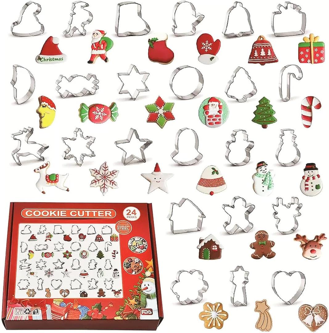 24 Pcs Christmas Cookie Cutter Set, Christmas Tree, Snowflake, Snowman, Gingerbread Man, Gingerbread Girl, Mitten & More Shapes