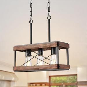 Genuine Wood Farmhouse Kitchen Island Light, 3-Light Rustic Pendant Chandelier with Adjustable Height, Metal Linear Hanging Lamp for Dining Room Bar Pool Table