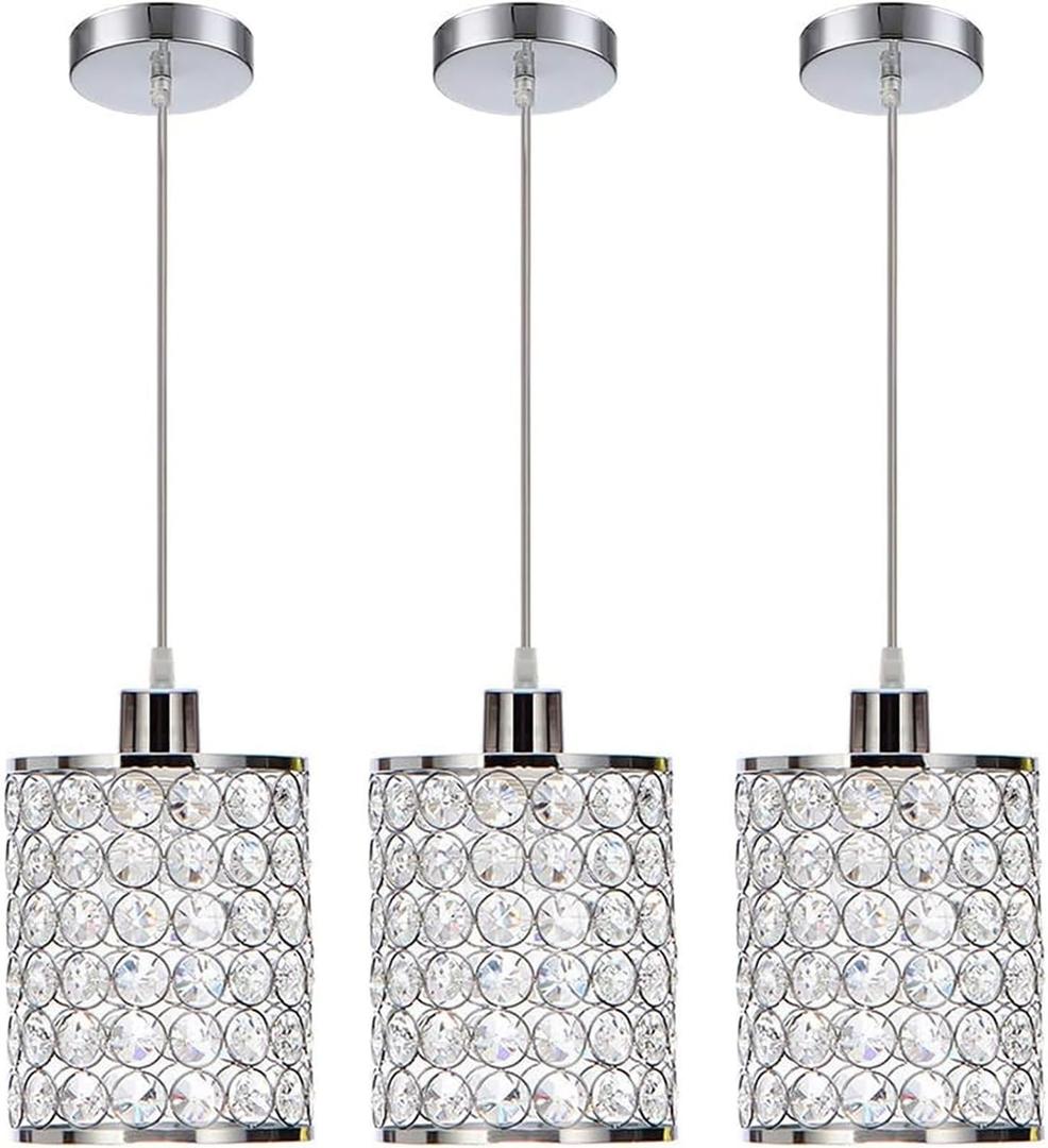 3 Pack Crystal Pendant Light, Modern Chrome Kitchen Island Pendant Lighting,Cord Adjustable Bar Ceiling Hanging Lights for Kitchen Dining Room Bedroom Bar
