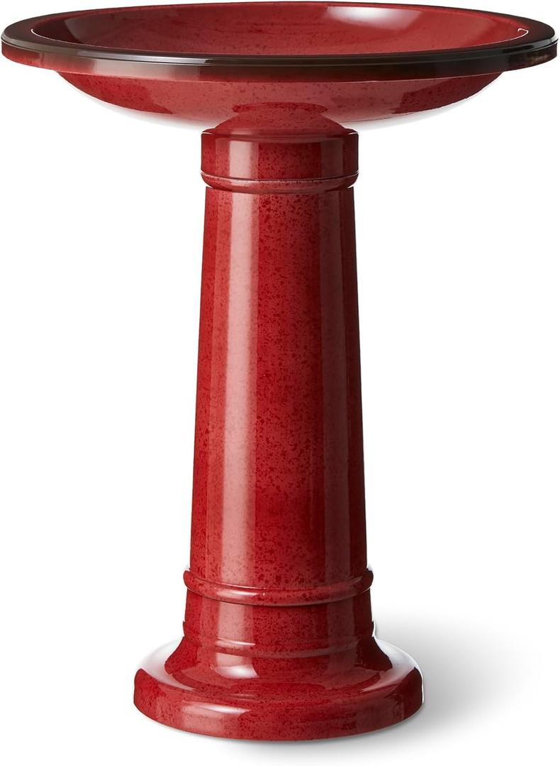 Glitzhome 21.5" H Red Faux Ceramic Tall Pedestal Birdbath for Outdoor Patio Garden Backyard Decking