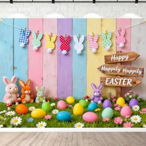 Easter Backdrop 8x6FT Large Happy Easter Photo Backdrop with 32.8ft Ribbon and 4 Grommets, Colorful Bunny Eggs Easter Backdrops for Photography Spring Party Baby Shower Studio Decorations