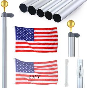 FuWeave Flag Poles for Outside House in Ground 20 ft Sectional Flag Pole Kit Extra Thick 16 Gauge Heavy Duty Aluminum Flag Pole with Gold Ball Top for Residential or Commercial(Silver)