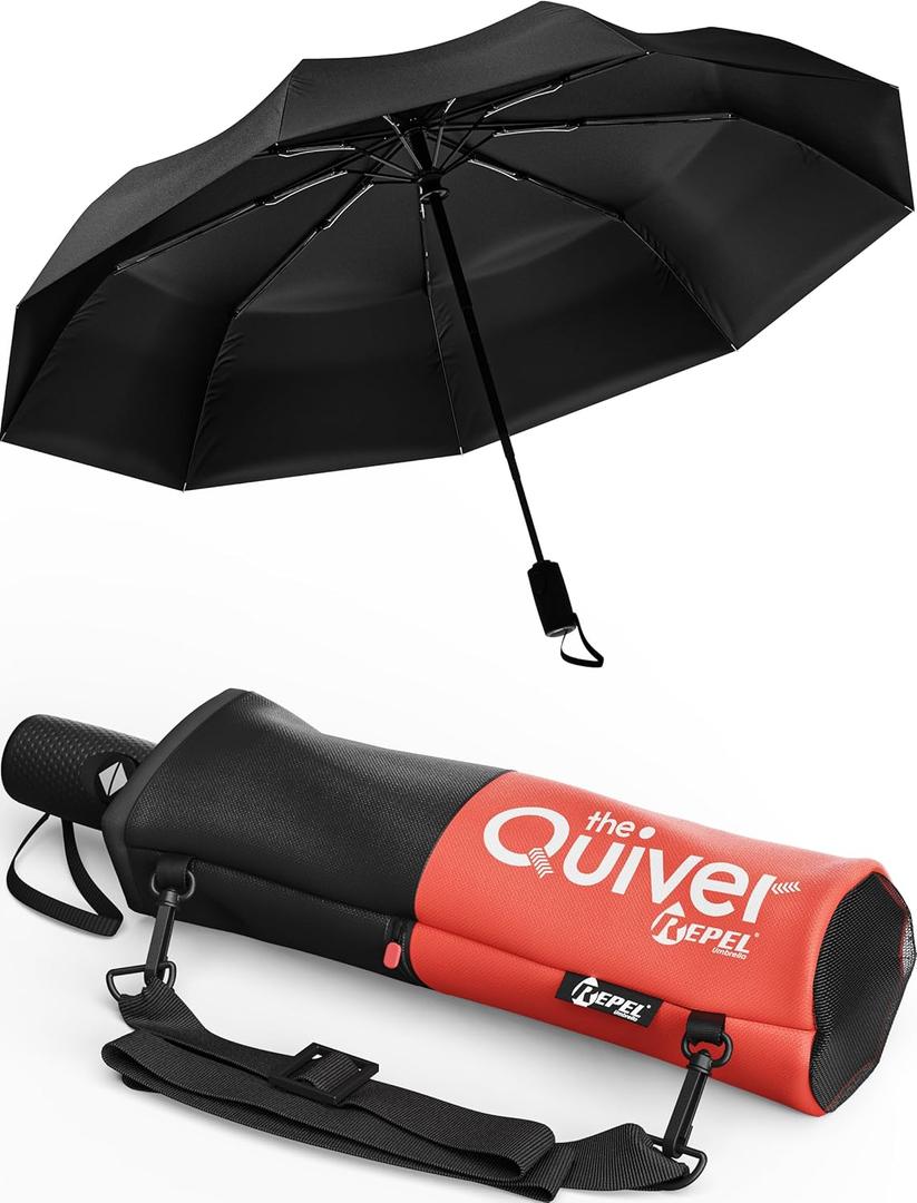 REPEL Windproof Travel Umbrella - Compact & Withstands Winds up to 85MPH , Strongest Premium Auto Folding Umbrella for Rain and Sun - Durable, Light & Portable for Women & Men , Fits Backpack & Cars (Black Umbrella + Black & Red Carrying Sling)