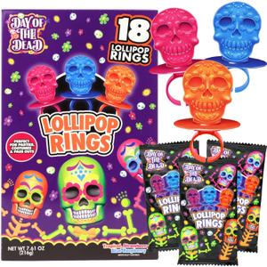 Halloween Day of the Dead Sugar Skull Lollipop Rings, Dia De Los Muertos Individually Wrapped Candy, Box of 18, Best By 10/15/2026 