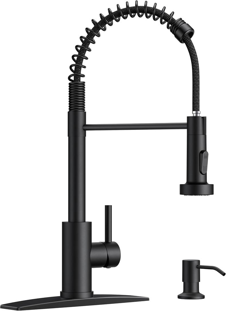 Black Kitchen Faucet with Soap Dispenser, Pull Down Sprayer, Stainless Steel, Modern Spring 1 Handle Pull Out Sink Faucet with Deck Plate for 1 or 3 Hole Sinks for Bar RV Laundry Farmhouse