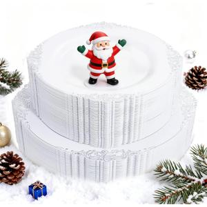 102PCS White and Silver Plastic Plates - Heavyweight Silver Plate - Wedding Plate with Silver Rim - Fancy Dinner & Dessert Plates for 51 Guests Weddings & Parties & Christmas