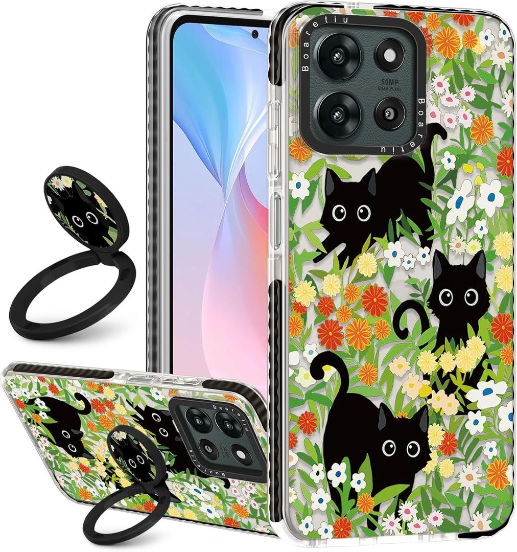Boaretiu for Motorola Moto G 2025 Case - with Stand Cute Kawaii Fashion 360 Rotate Ring Holder Kickstand Cat Flower for Women Girls Boys Teens Girly Case for Moto G 2025