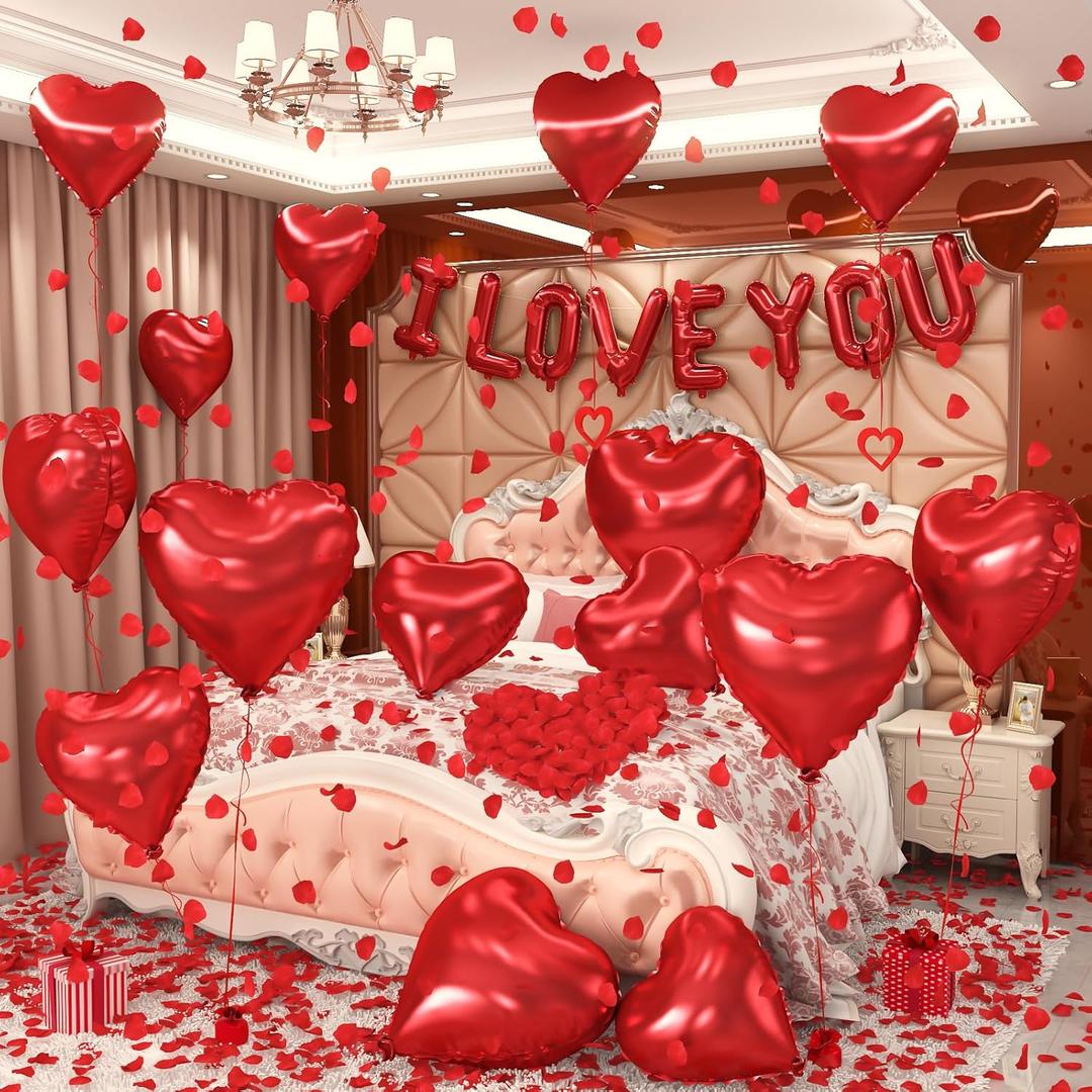 I Love You Balloons Valentines Day Balloons Red Heart Love Foil Mylar Balloon 1000 Pcs Rose Petals for Wedding Anniversary Engagement Valentine Day Romantic Decorations Special Night Party