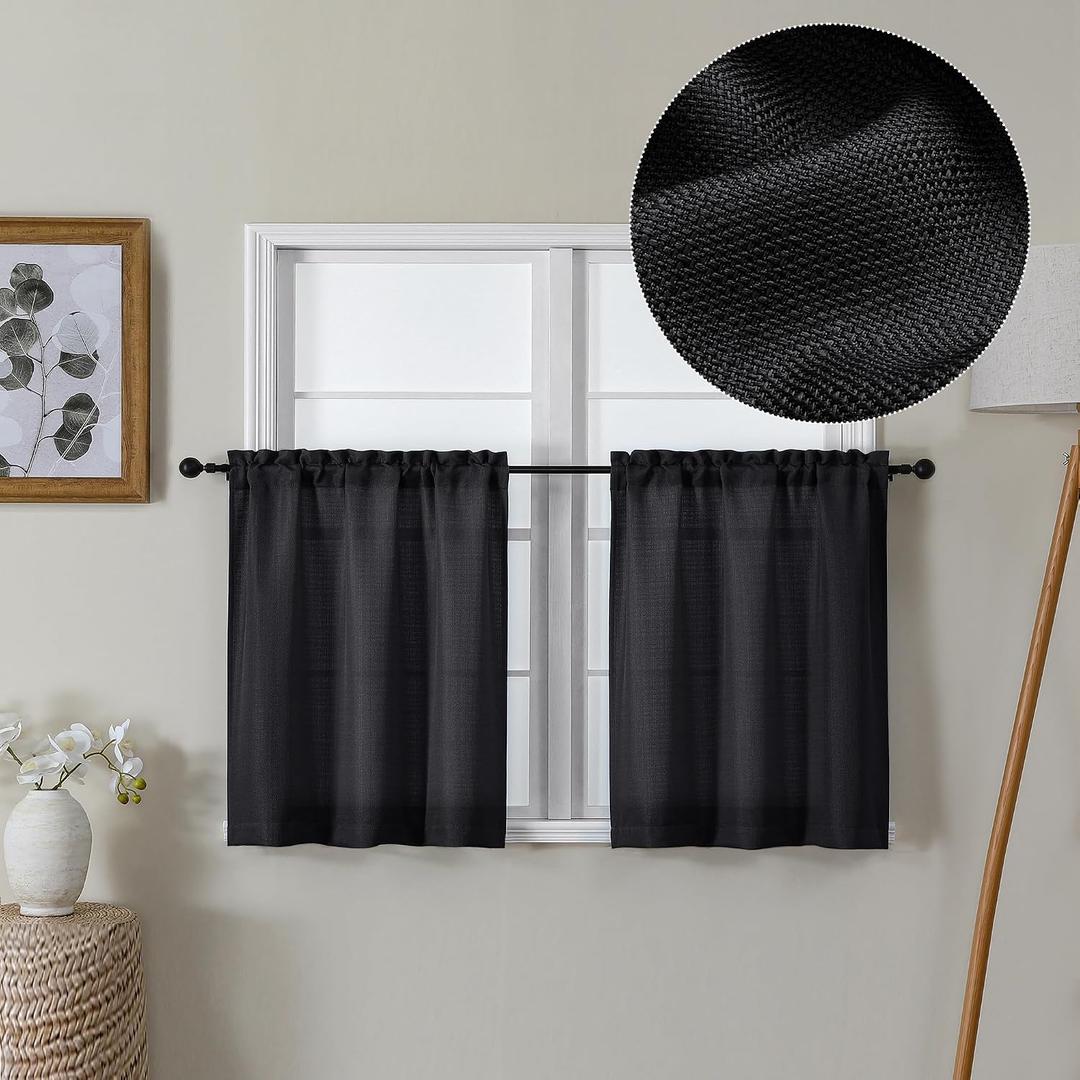 Lecloud Bessie Black Kitchen Curtains 24 Inch Length 2 Pieces, Faux Linen Textured Window Short Curtains, Rustic Tiers Curtain for Living Room Bedroom Cafe Bathroom, Each 30 W x 24 L