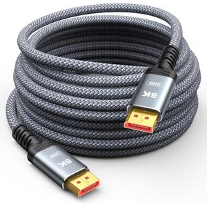 Capshi 8K 4K DisplayPort Cable 1.4, Fiber Optic 50FT DP Cord (8K@60Hz, 4K@144Hz, 2K@240Hz/165Hz), 32.4Gbps High Speed Display Port Cable for Gaming Monitor, HDR/FreeSync/G-Sync, Braided, Grey