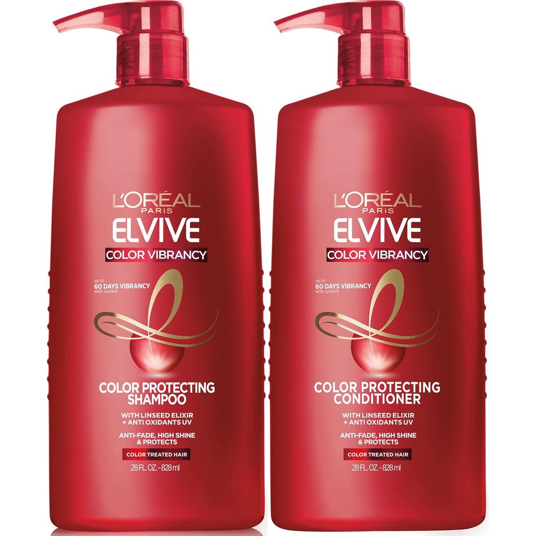 L'Oreal Paris Elvive Color Vibrancy Protecting Shampoo and Conditioner Set for Color Treated Hair, 28 Fl Oz (Set of 2) (RED)