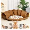 Bunny Tunnel Bed, Collapsible Tunnel Tubes,Bunny Toys with Removable Mat, Guinea Pig Houses and Hideouts, for Cats Kittens Rabbits Guinea Pigs Kitty (Khaki style)