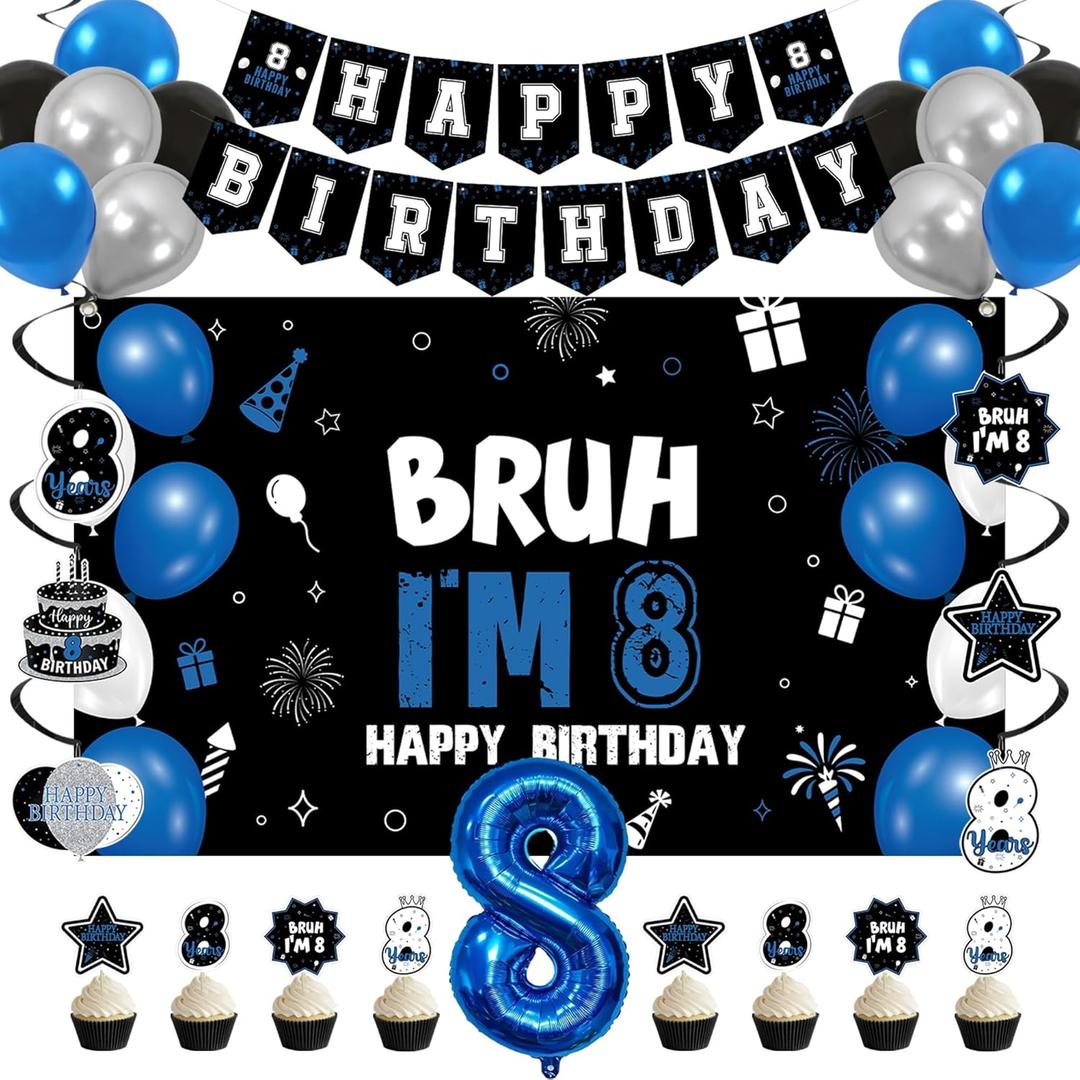 Vlipoeasn 8th Birthday Decorations Set for Boys Girls, 35PCS Black Blue 8 Year Old Birthday Backdrop Banner, Bruh I'm 8 Party Supplies