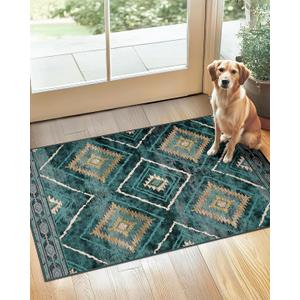 BESTSWEETIE Area Rug 2x3 Rug Machine Washable Non-Slip Low Pile Print Pattern Western Rug for Living Room Bedroom Entryway Tribal Series -Teal/Green