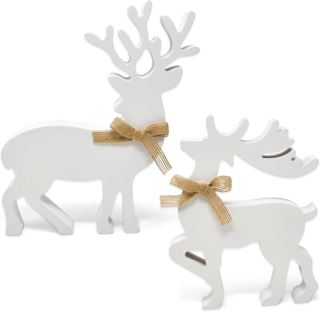 Gift Boutique - Set of 2 Wooden Christmas Reindeer Table Decorations Centerpiece Holiday Rustic White Wood Reindeers Figurine Tiered Tray Tabletop Sign Decor for Office, Room, Home Xmas Party Supplies