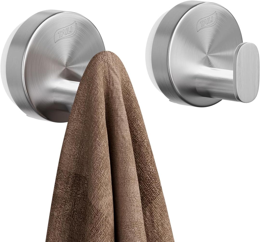 TAILI 304 Stainless Steel Bathroom Suction Hooks for Towel, Bathrobe, Loofah, No Damage Hanging Glass Shower Wall Hook, Patented Strong Suction Cup Holder, Hold Up to 11 Lbs, 2 Pack, Silver