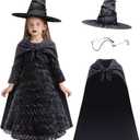 Girls Halloween Costume Dress Black Witch Costume Dresses Kids Music Movie Cosplay with Hat Eyeglasses (9-10 Years)