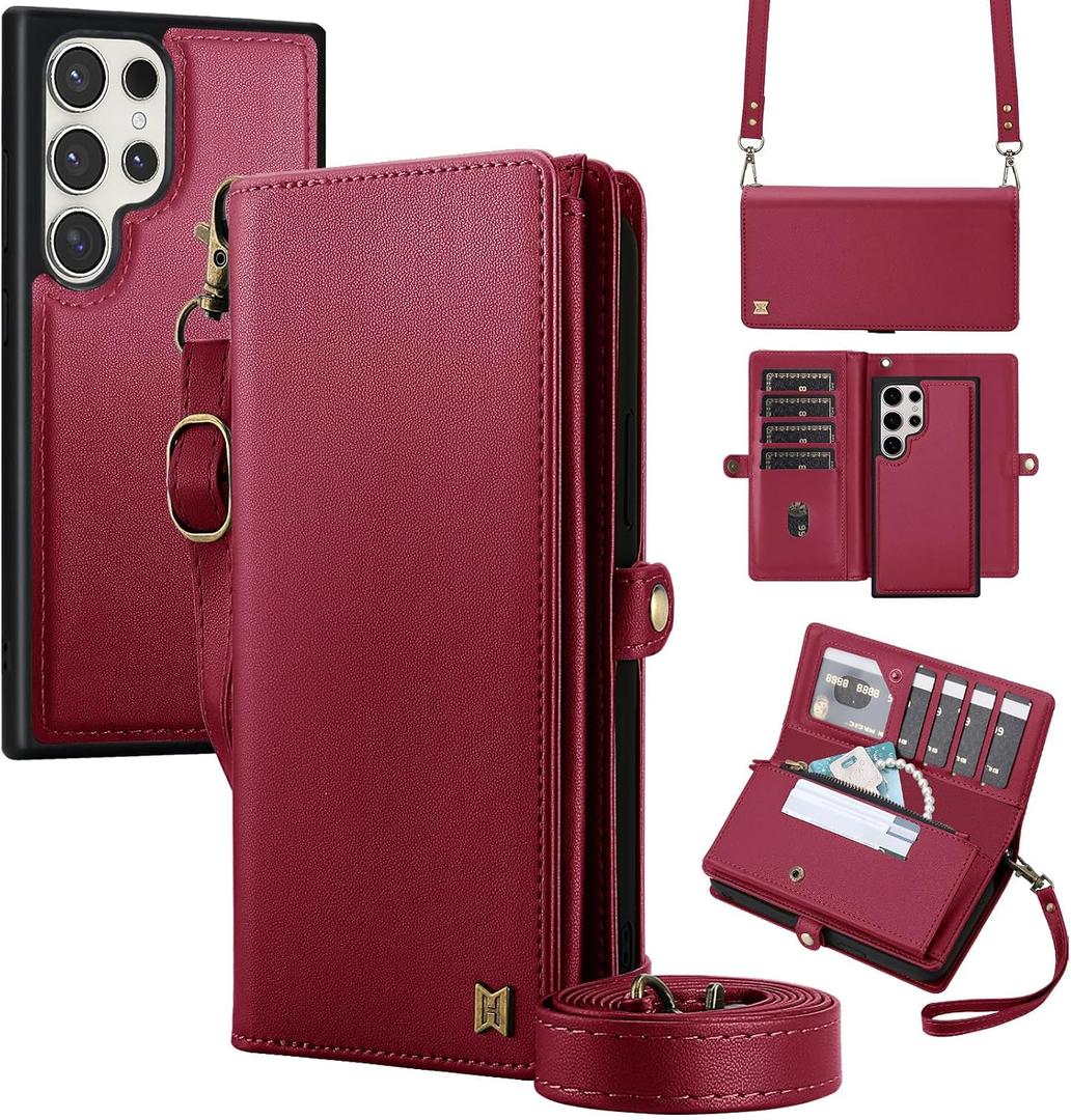 MEGSHI for Wallet Case Compatible with Samsumg Galaxy S24 Ultra Multi-Function Detachable 2 in 1 Magnetic Phone Case Wallet,Flip Strap Zipper Card Holder Phone Case with Shoulder Straps (Red)