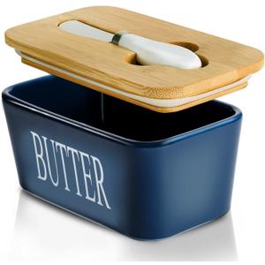 Hasense Ceramic Butter Dish, Large Butter Dish with Lid for Countertop, Farmhouse Butter Holder for Refrigerator, Airtight Butter Container with Cover,Blue