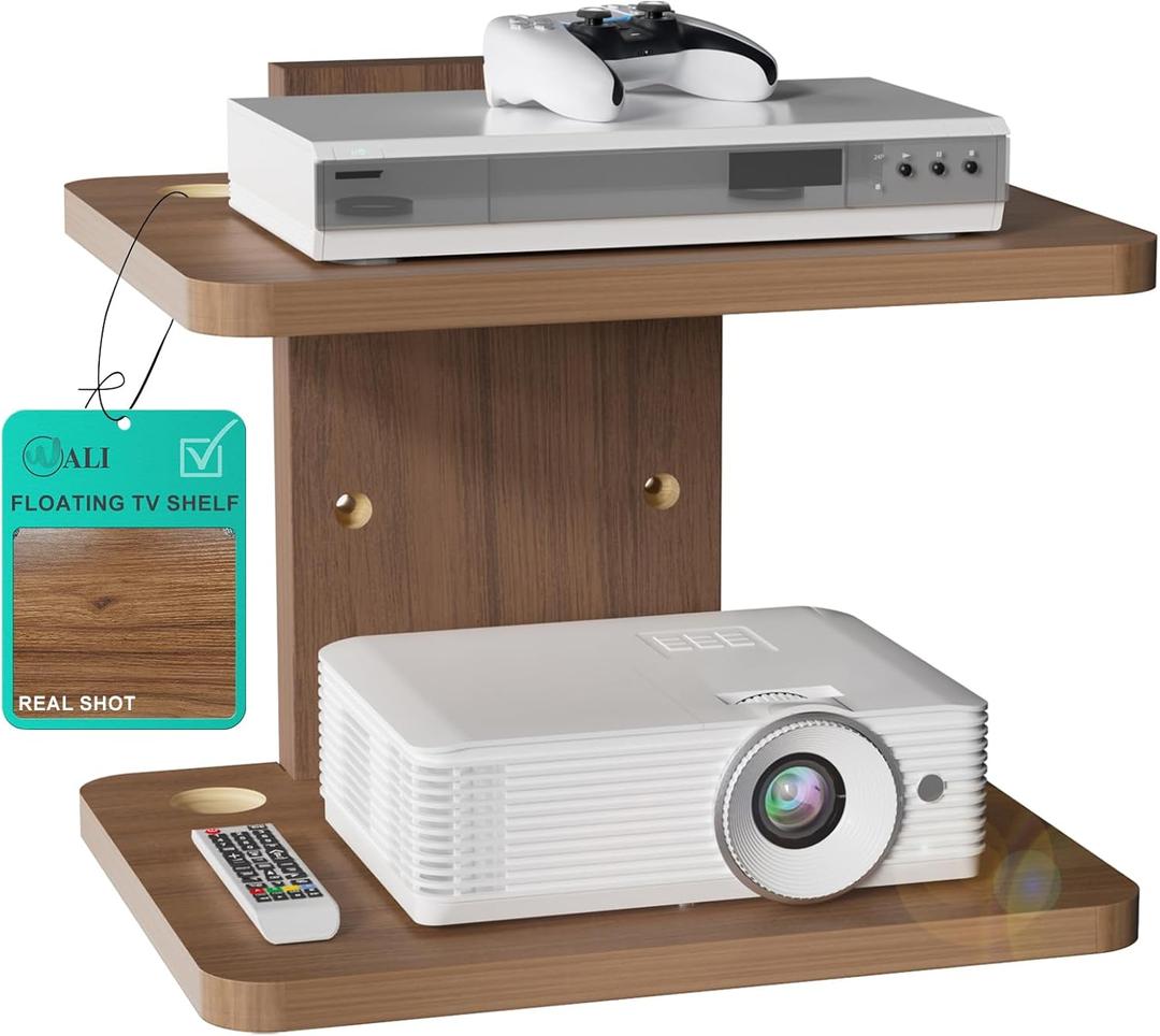 WALI Floating TV Shelf, 2 Tier Projector Shelf for DVD Players, Routers, Game Consoles, Cable Boxes, Living Room Decor Accessories, Wall Mount Shelves Holds Up to 22lbs (CS202N), 2-Shelf, Walnut Brown