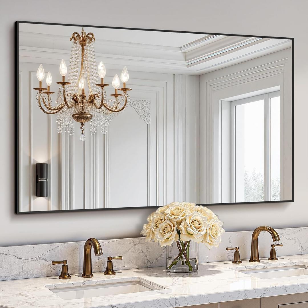 TRAHOME Bathroom Vanity Mirror for Wall, 48" x 30" Metal Framed Rectangular Bathroom Wall Mirror for Over Sink, HD Shatterproof Glass, Hangs Horizontally or Vertically(Black)