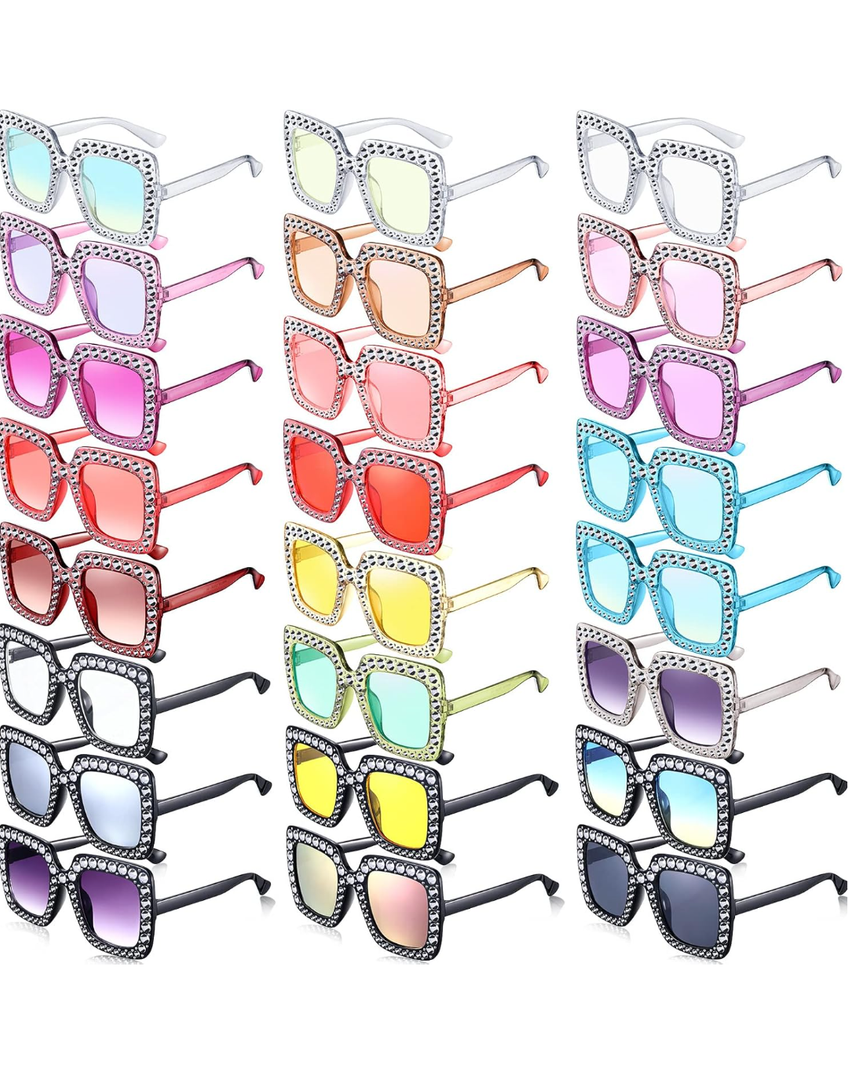 Chuangdi 24 Pcs Women Disco Sunglasses 70s Rhinestone Crystal Sunglasses Bulk Large Square Sparkling Glasses Thick Frame