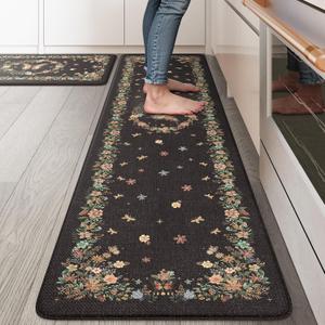 KIMODE Kitchen Mats Cushioned Anti Fatigue, Black Farmhouse Flower Kitchen Rugs Sets of 2, Padded Kitchen Floor Mats, Non Slip Standing Mats for Sink Laundry Office Desk 17"x59"+17"x29"