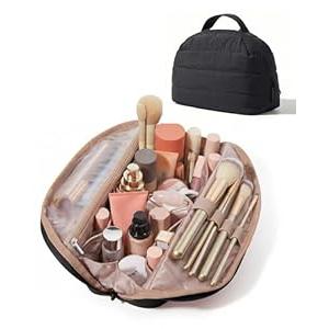 BAGSMART Travel Makeup Bag for Women, Portable Fold-down Cosmetic Case, Puffy Padded Make Up Organizer Pouch, Water-resistant Toiletry Bag for Toiletries, Brushes (Baby Pink)