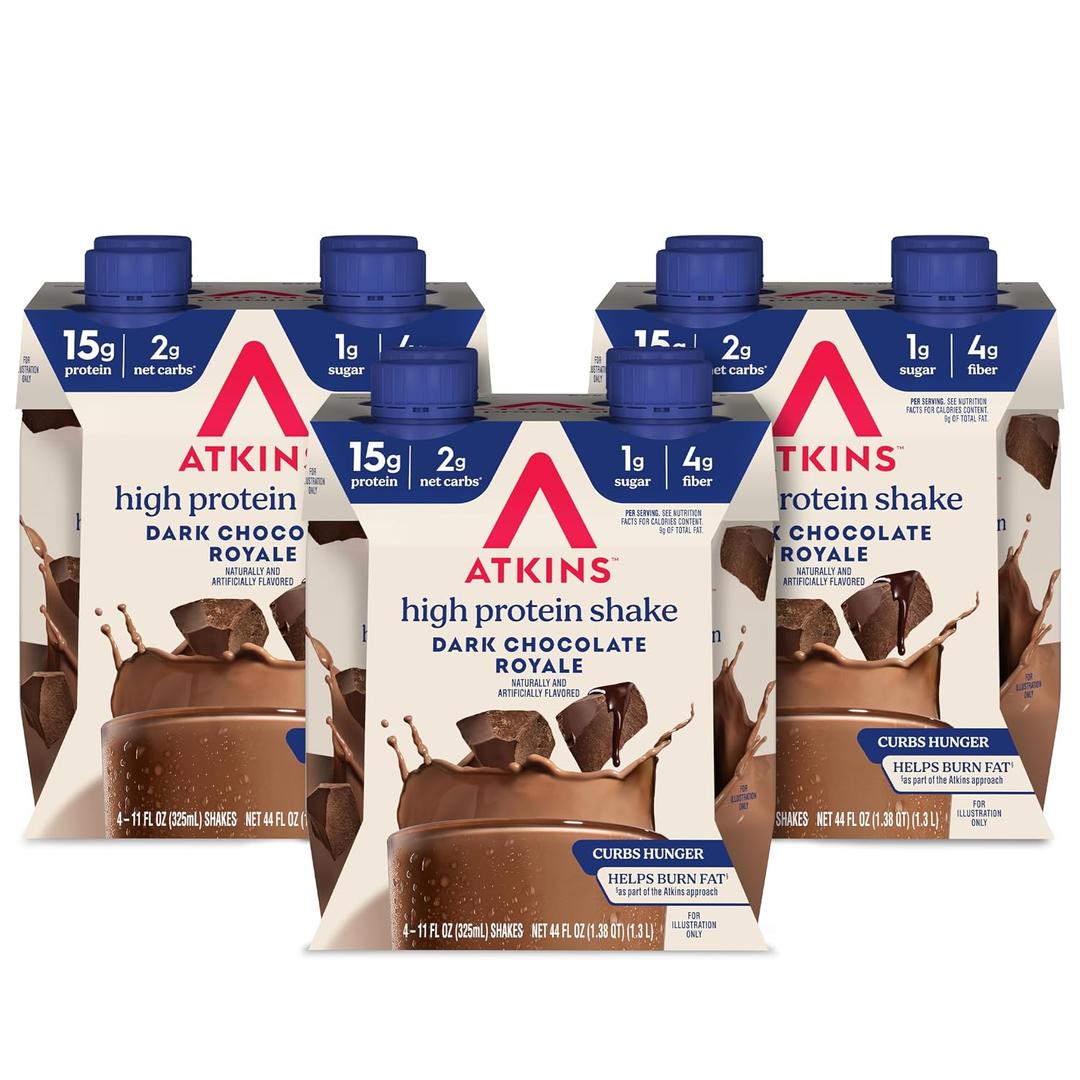 Atkins Dark Chocolate Royale High Protein Shake, 12 Count 15g Protein, 2g Net Carbs, 1g Sugar, 4g Fiber, Ready to Drink, Keto Friendly, 11fl oz, 3 Pack of 4 Count Shakes, BBD 03/30/2027