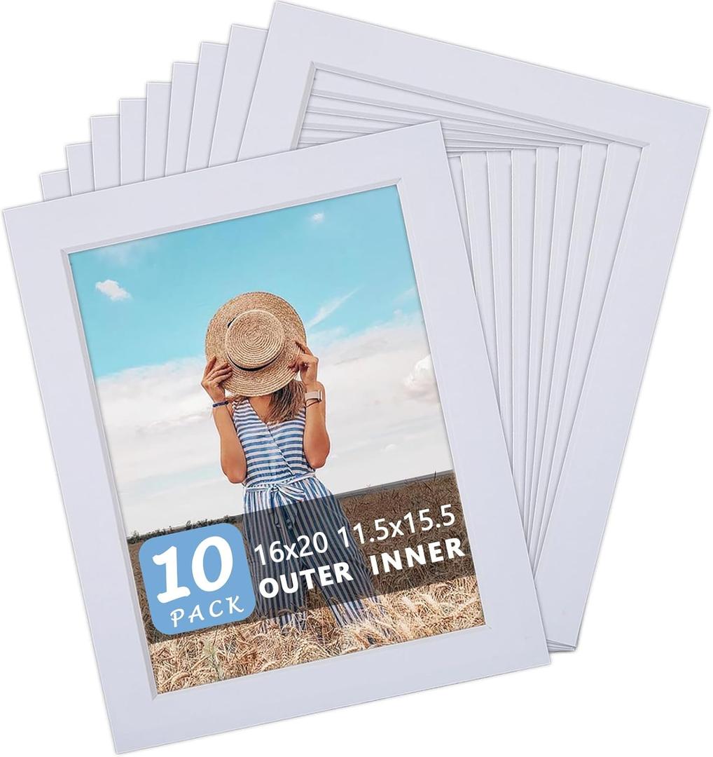 Somime 10 Pack Pre-Cut 16x20 White Picture Mats for 12x16 Photos - White Core Bevel Cut Frame Matte, Acid Free, Ideal for Frames/Artwork/Prints