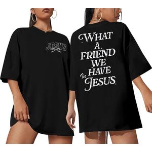 Christian Shirt Women What A Friend We Have in Jesus T-Shirt Bible Verse Inspirational Short Sleeve Tees Tops (Black, XL)