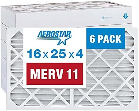 Aerostar 16x25x4 MERV 11 Pleated Air Filter, AC Furnace Air Filter, 6 Pack (Actual Size: 15 1/2"x24 1/2"x3 3/4") Aerostar 16x25x4 MERV 11 Pleated Air Filter, AC Furnace Air Filter, 6 Pack (Actual Size: 15 1/2"x24 1/2"x3 3/4")