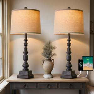 Oneach 27.75” Vintage Farmhouse USB A+C Table Lamps Set of 2 for Living Room Bedroom Traditional Bedside Nightstand Lamp Retro Resin Lamps Linen Shade Nightstand Home Office Antique Black Accent