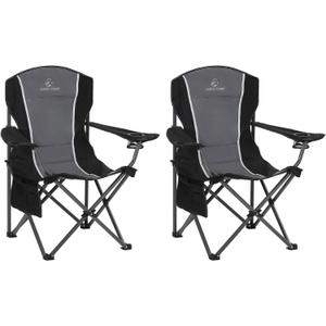 LET'S CAMP Oversized Outdoor Folding Camping Chair, 2 Pack Heavy Duty Arm Chairs with Cup Holder and Storage Bag, 350 LBS Weight Capacity, Grey