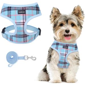 SCENEREAL Puppy Dog Harness with Leash Set for Small Medium Sized Dogs, Soft Mesh Pet Harnesses and Leash, No Chock Plaid Adjustable No Pull Vest for Dogs Cats, Chihuahua,Bulldog (Blue S) (S: Chest Girth: 14"-18")