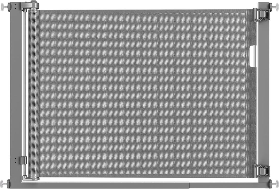 Malier Retractable Baby Gate, 36-60" No Drilling Pressure Mounted Mesh Baby Gate or Mesh Dog Gate for Indoor, Metal Frame Dog Gate Easy Walk Through Safety Gray Baby Gate for Stairs, Doorways