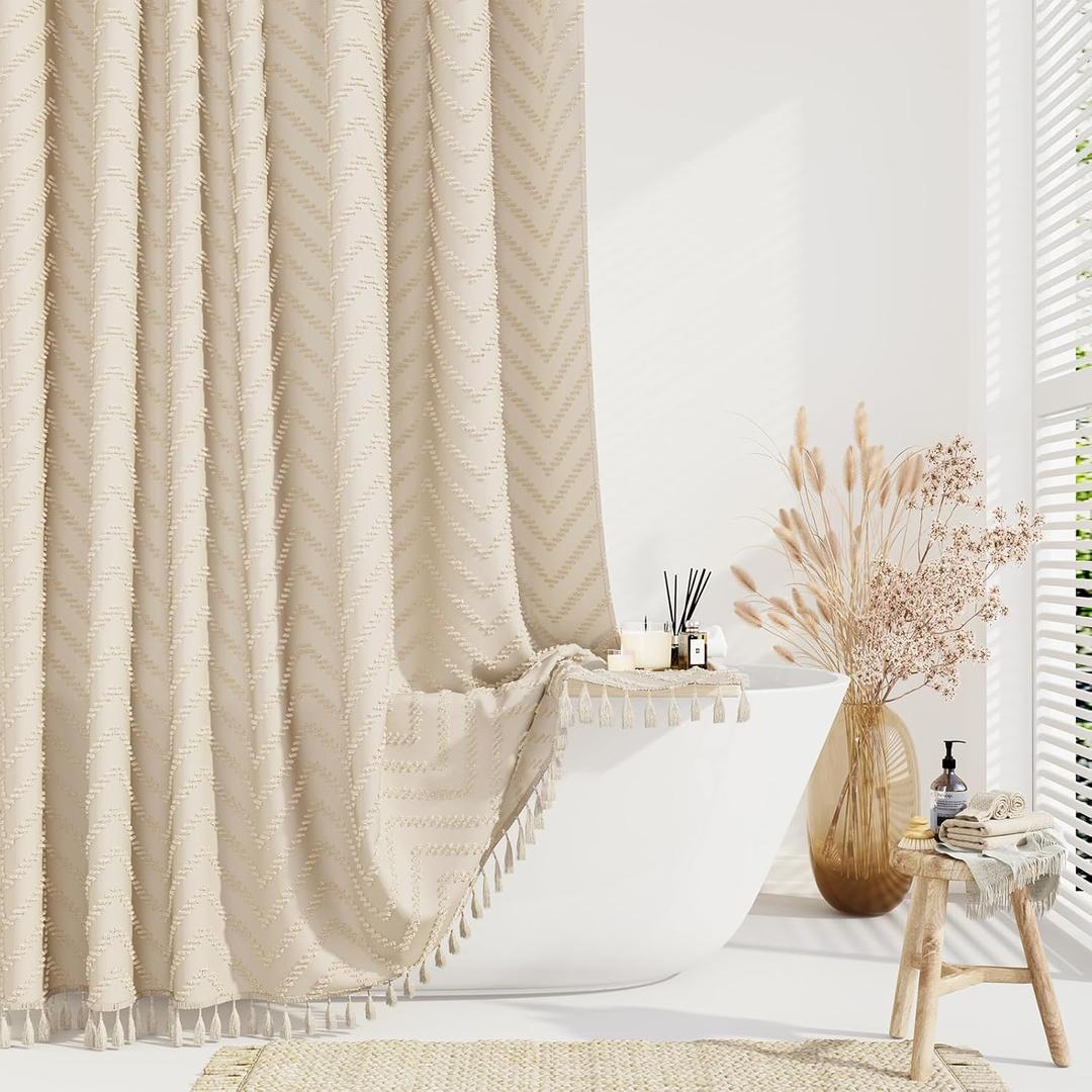 Dynamene Extra Long Shower Curtains, 96 Inches Long Boho Tufted Chevron Striped Fabric Shower Curtains for Bathroom, Tall Minimalist Waterproof Cloth Shower Curtain Set with 12 Hook, Beige, 72x96 (72"W x 96"L (Pack of 1))