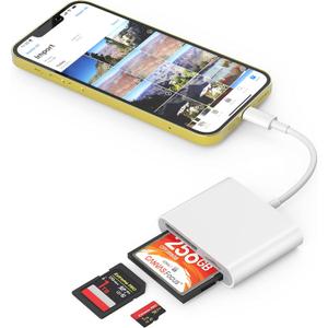 CF SD Card Reader for iPhone iPad, 3 in 1 Compact Flash Memory Card Reader Adapter, 3-Slot MicroSD CF SD Trail Game Digital Camera Viewer for iPhone 14/14 Pro/13/13 Pro No App Required (White&Grey (CF+SD+TF for Lightning))