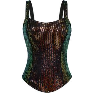GRACE KARIN Sequin Tank Tops for Women Bustier Corset Top Sparkle Sexy Slim Camisole Sleeveless Party (Dazzling Black, L)