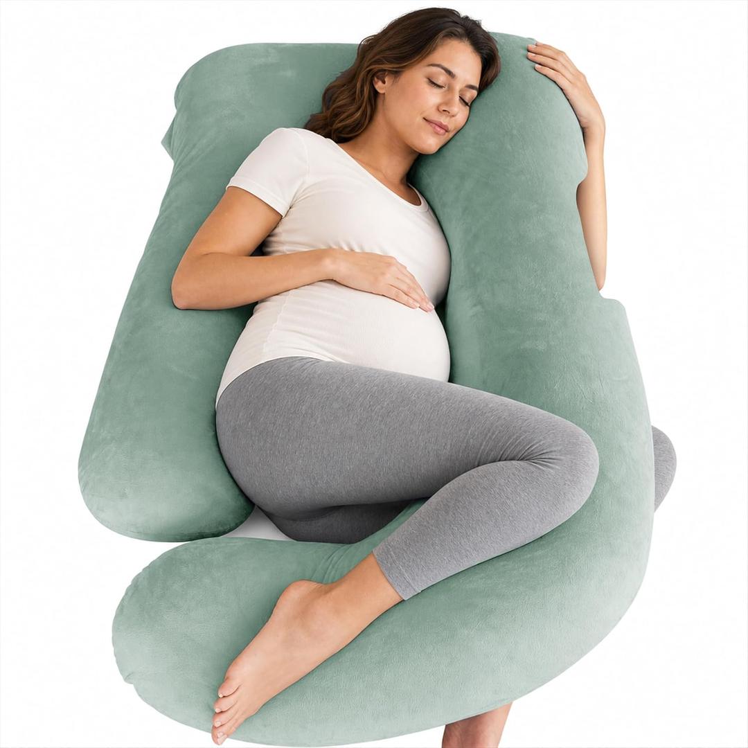 MOON PARK Pregnancy Pillows for Sleeping - U Shaped Full Body Maternity Pillow with Removable Cover - Support for Back, Legs, Belly, Hips - 57 Inch Pregnancy Pillow for Women - Green, Velvet Cover - 57 Inch