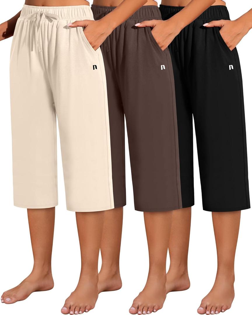 Neer 3 Pack Women's Capri Pants, Wide Leg Basic Sweatpants Lounge Loose Fit Casual Drawstring Yoga Capris with Pockets (Black, Cream, Brown)