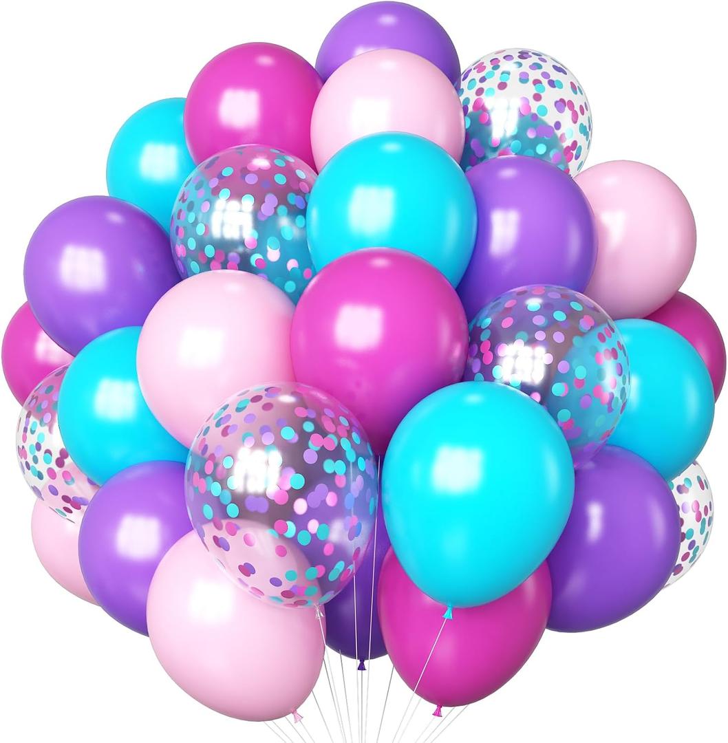 HILAVO Pink Purple Blue Balloons 60 Pcs Hot Pink Light Pink Teal Purple Latex Balloon Pastel Purple Teal Pink Confetti Balloons for Kids Magic Theme Mermaid Princess Birthday Baby Shower Party Decor