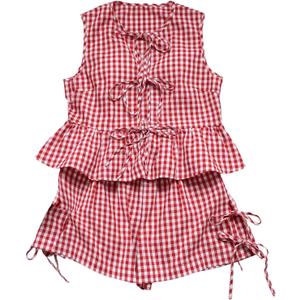 GORGLITTER Women's Gingham 2 Piece Sets Bow Tie Front Tank Top Baggy Shorts Sets Cute Summer Vacation Beach Outfits M