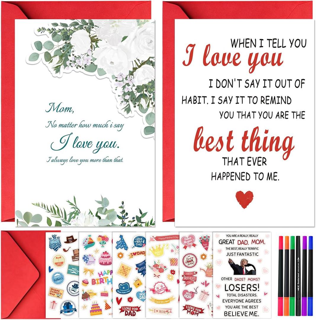 4 x TOYPOPOR Mother's Day Card, Happy Mother's Day Mom Gift, Father's Day Greeting Cards with Blank Cards, Envelopes, Stickers and Pens, Personalized Gift for Mom Dad Wife Husband from Daughter Son