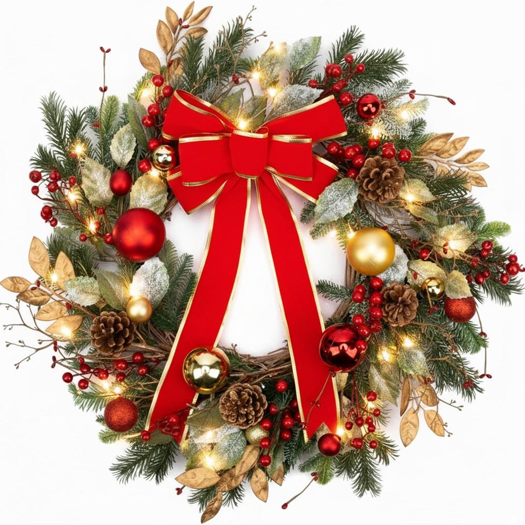 24 Inch Christmas Wreath for Front Door with Lights Winter Wreath Red Bow Pine Needles Pine Cones Christmas Ball Decorations for Indoor Outdoor Xmas Decor