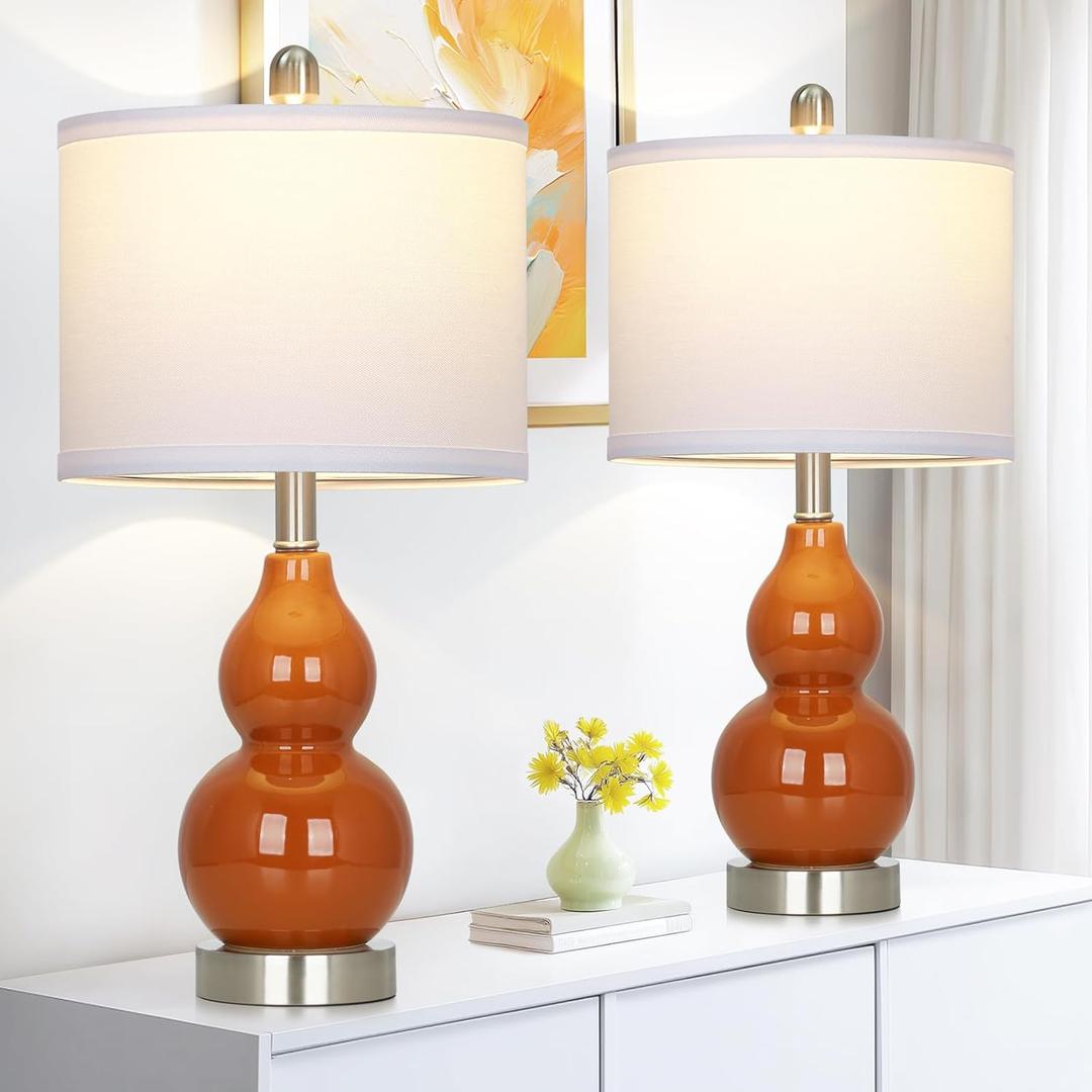 Double Gourd Ceramic Table Lamps Set of 2, Modern Red Bedside Lamps for Nightstand, Contemporary Nightstand Lamps for Bedroom Living Room (Bulb Included)