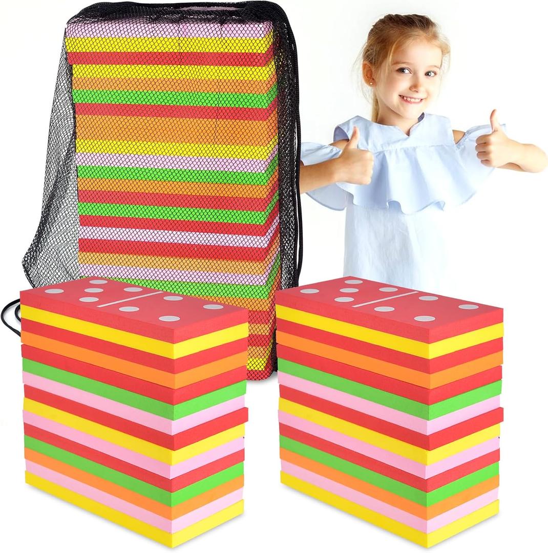 DLUGOPIS 28 Pieces Giant Lawn Dominoes Large Colorful Dominoes with a Mesh Bag Double 6 Dominoes Set Jumbo Foam Dominoes Juegos Gigantes para Patio Oversized Dominoes Set for Adults Outdoor Game