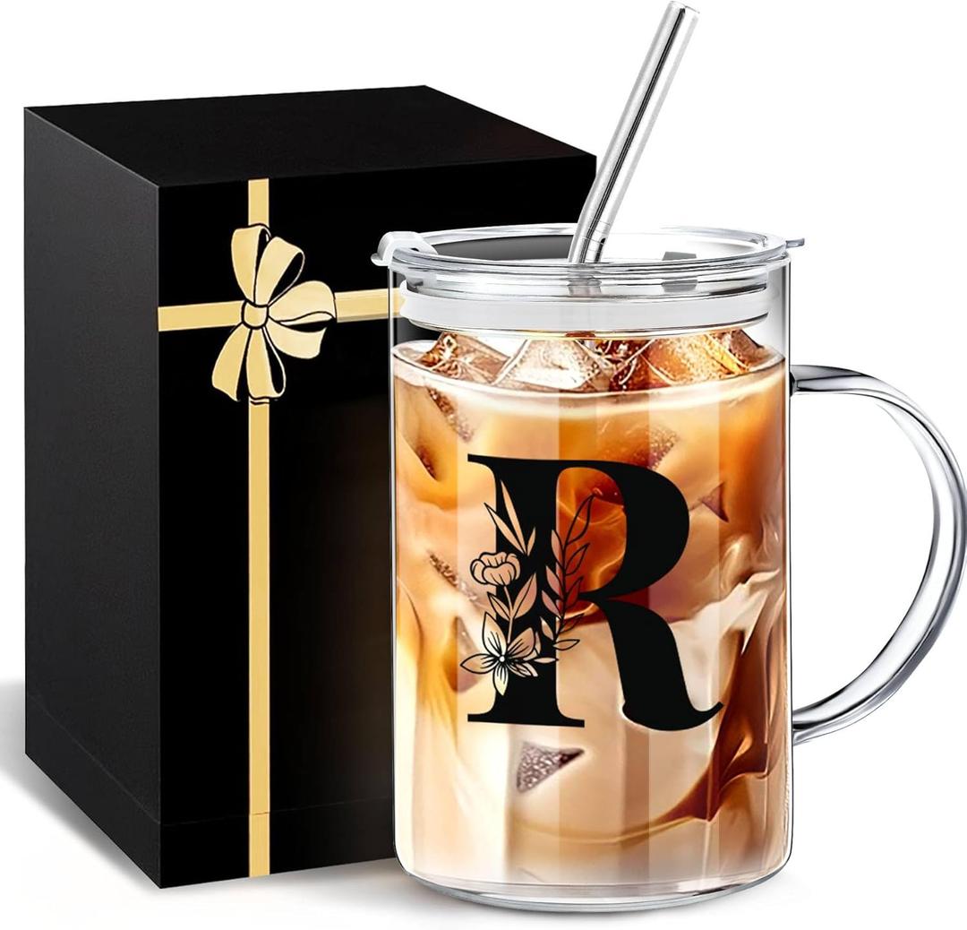 Initial Extra Large Glass Drinking Cup With Lid Straw Comfort Gifts For Woman Coffee Cups Regalos Para Mujer Teen Girl Gifts Trendy Stuff Iced Glass Tumbler Must Have For Women Apartment Essential